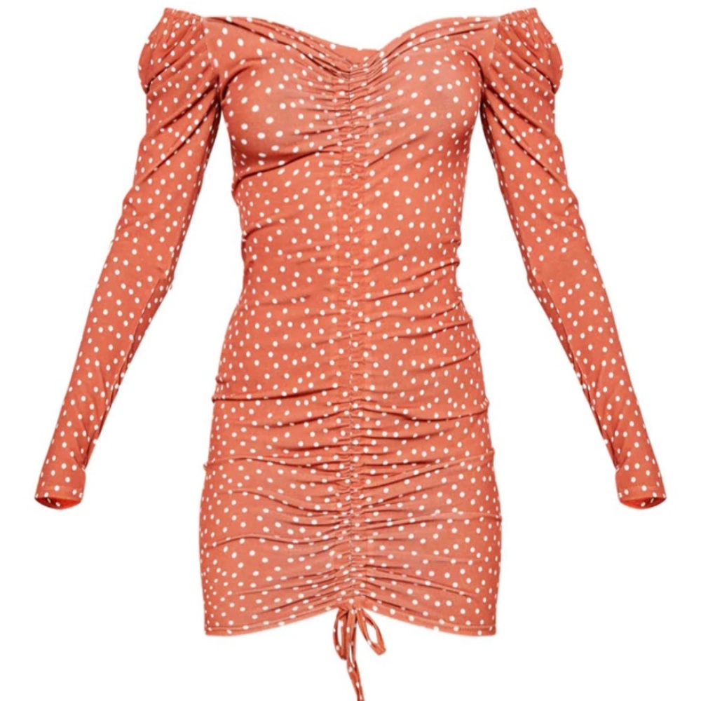 Polka dot ruched front long sleeve body con dress